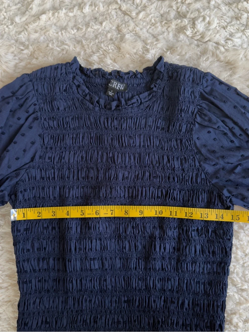 J. Crew Navy Textured Smocked Puff-Sleeve Blouse - S